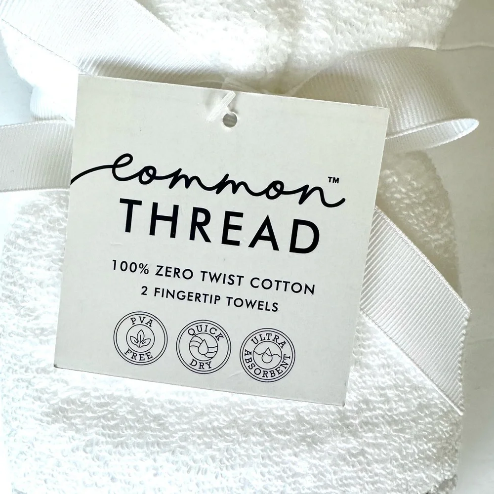 Common Thread 2 Pc Tip Towels Set 100% Cotton White w/ Gray accents SUSTAINABLE